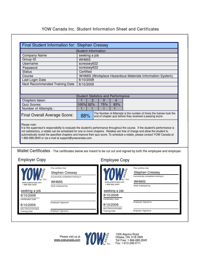 WHMIS Training Certification Document | PDF | Business