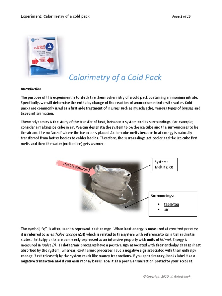 50 Lab Calorimetry of A Cold Pack Golestaneh PDF Heat Calorimetry