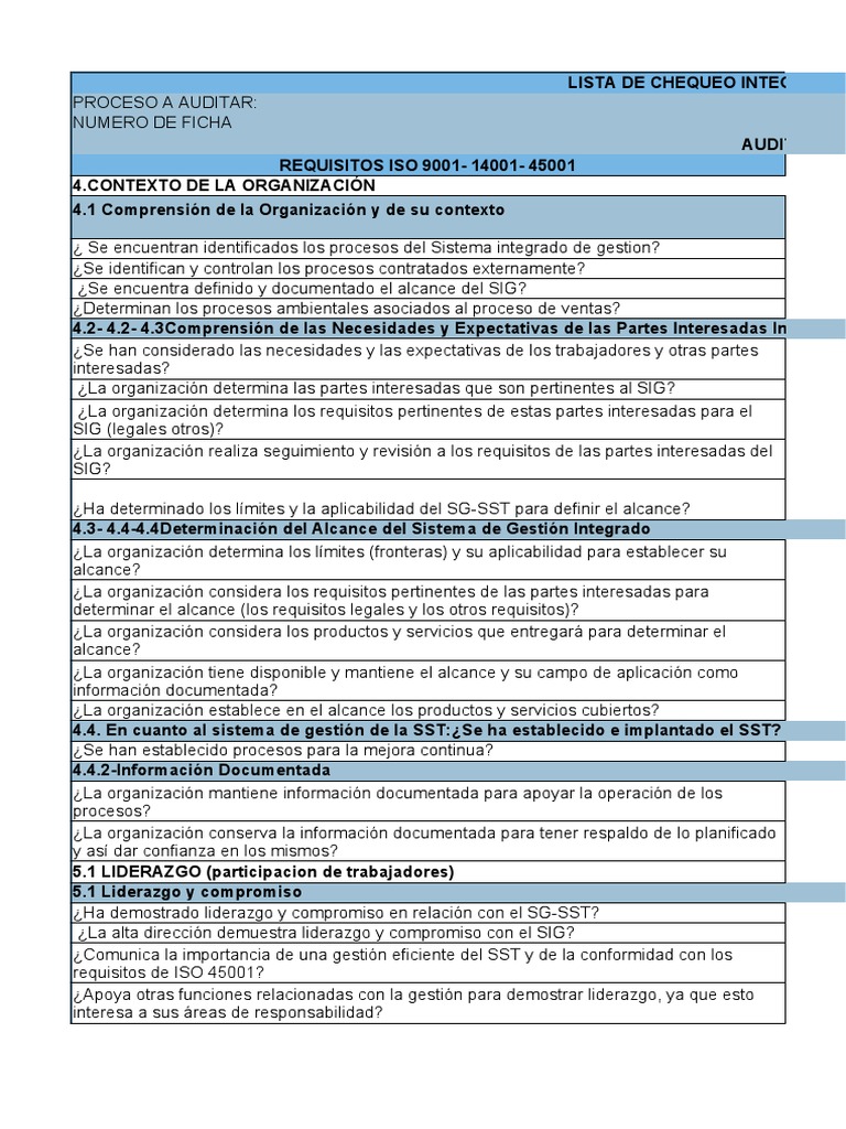 Lista de Chequeo ISO 9001, 14001 y 45001 | PDF | Sistema de información ...