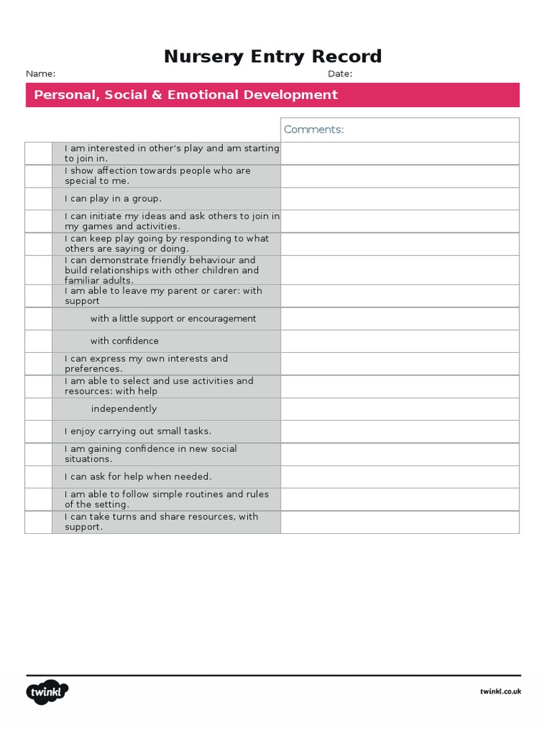 EYFS Nursery On Entry Assessment Record Editable PDF Human