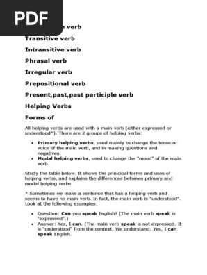 Type Of Verbs Verb Grammatical Tense