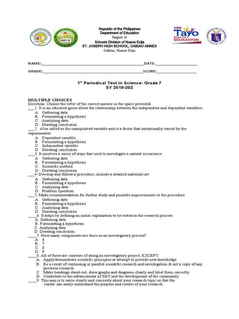 1st Periodic Test - Science 7 | PDF | Metals | Chemical Substances