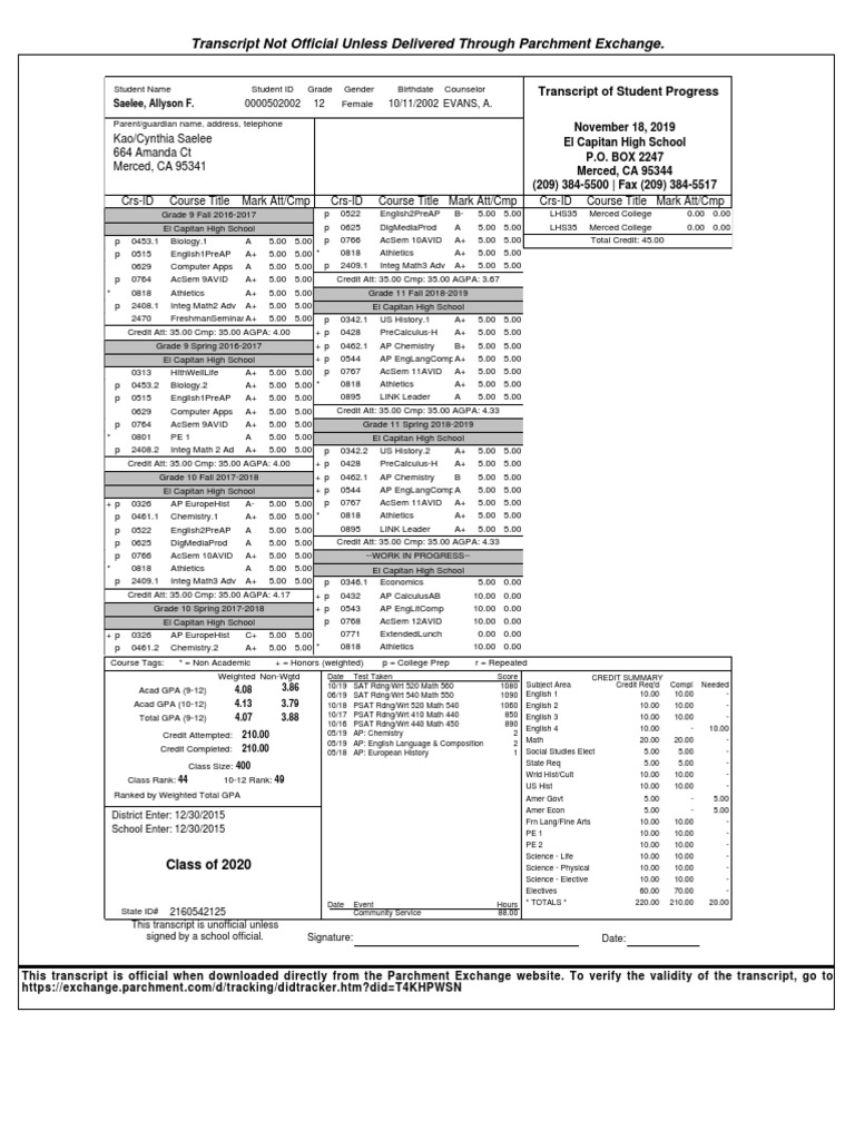 High School College Transcript PDF Advanced Placement