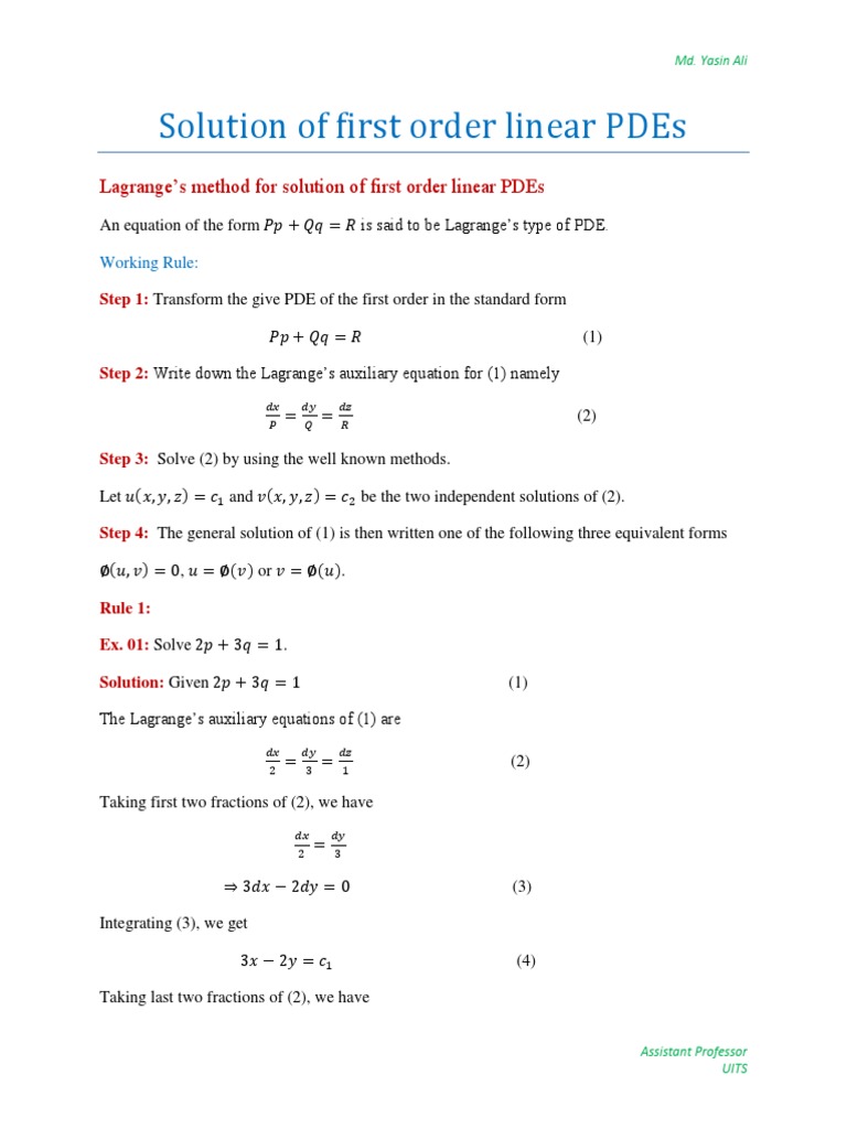 Solution Of First Order Linear Pde Pdf Partial Differential Equation Differential Calculus