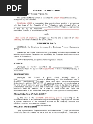 CONTRACT OF EMPLOYMENT SAMPLE PHILIPPINES