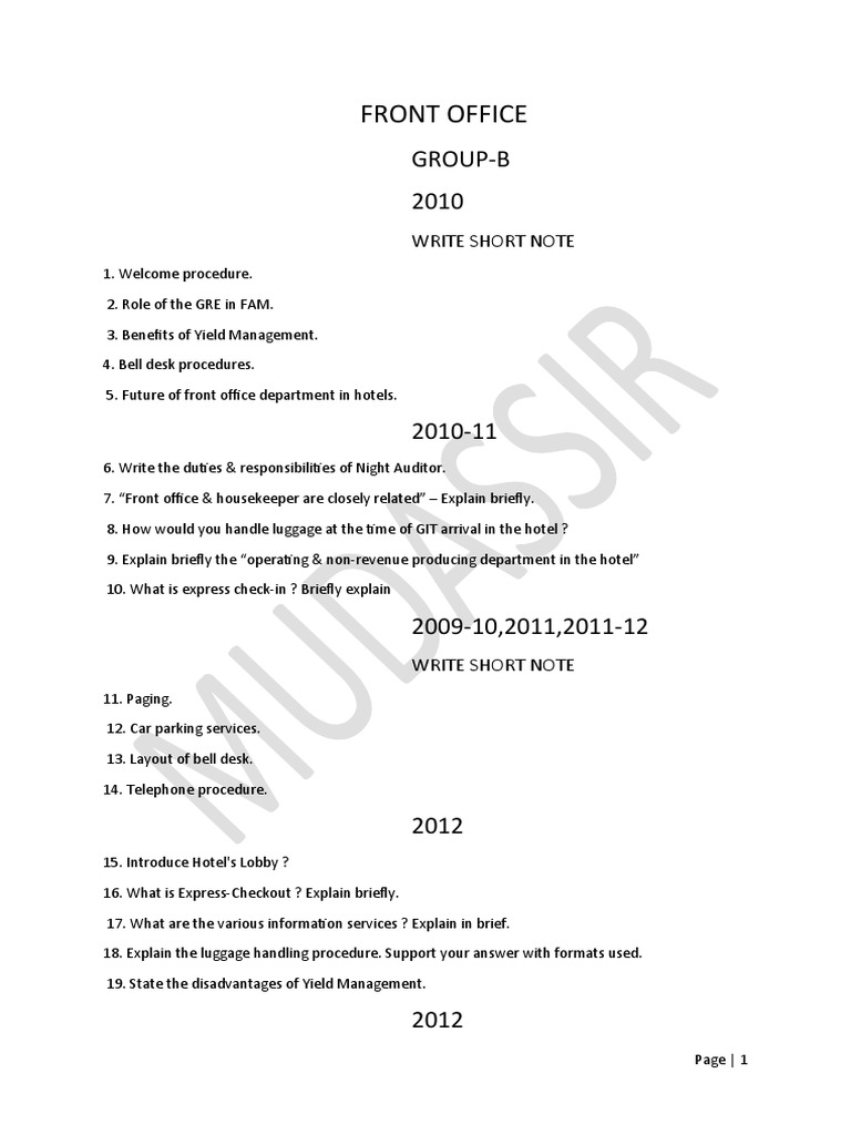 Front Office PDF Business Economies