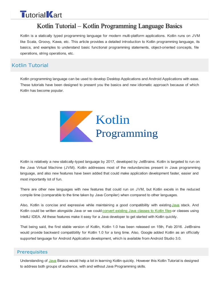 Kotlin Tutorial PDF | PDF | Class (Computer Programming) | Java ...