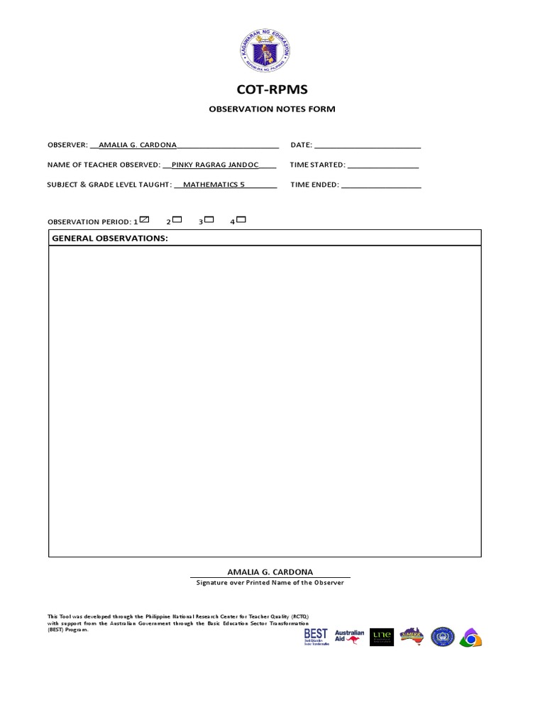 COT-RPMS Observation Notes Template | PDF | Business | Science ...
