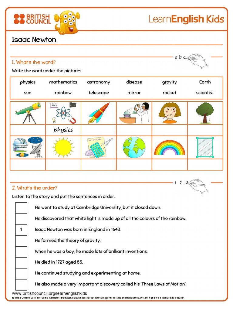 Short Stories British Tales Isaac Newton Worksheet | Isaac Newton | Gravity