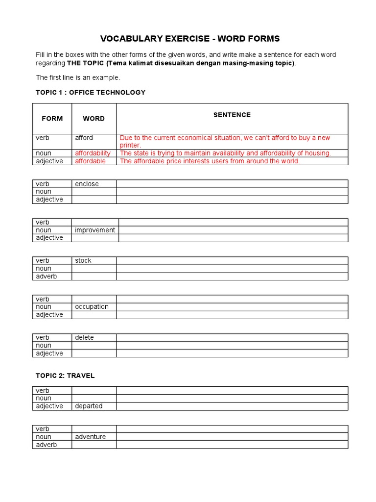 Vocabulary Exercise: Word Forms | PDF | Verb | Adjective