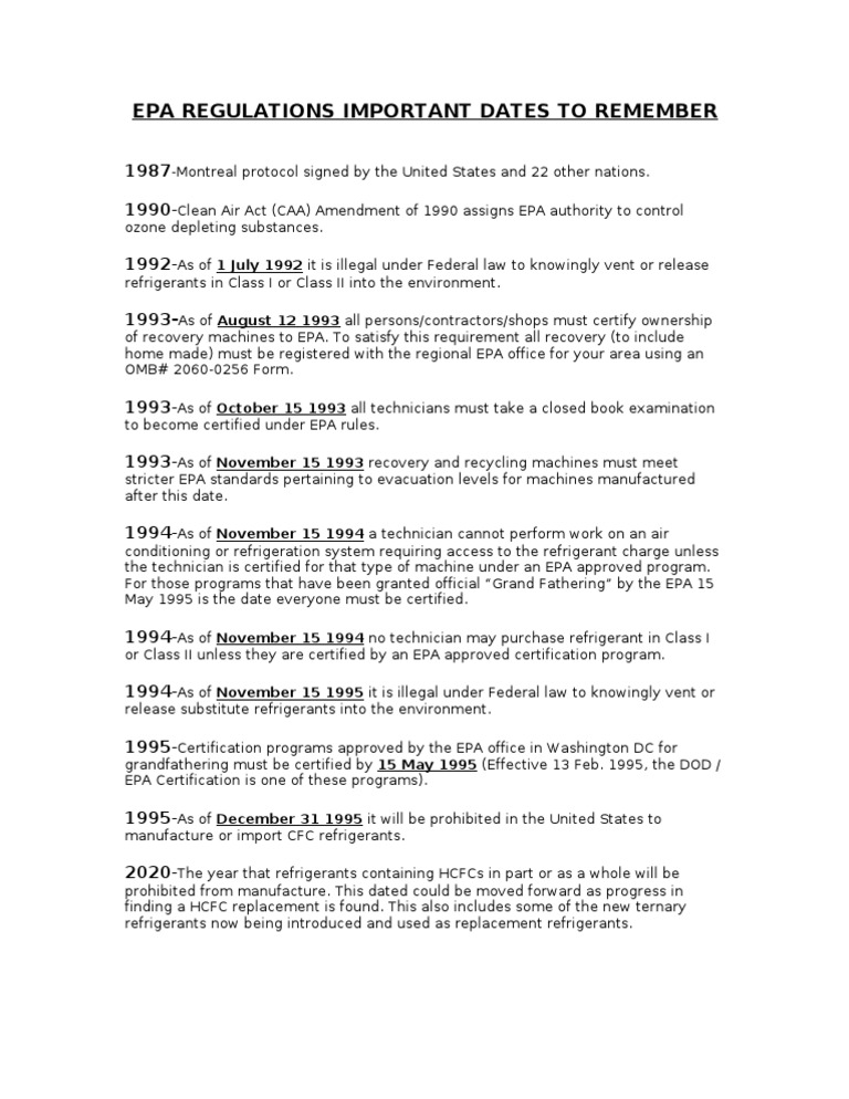 Epa Regulations Important Dates to Remember