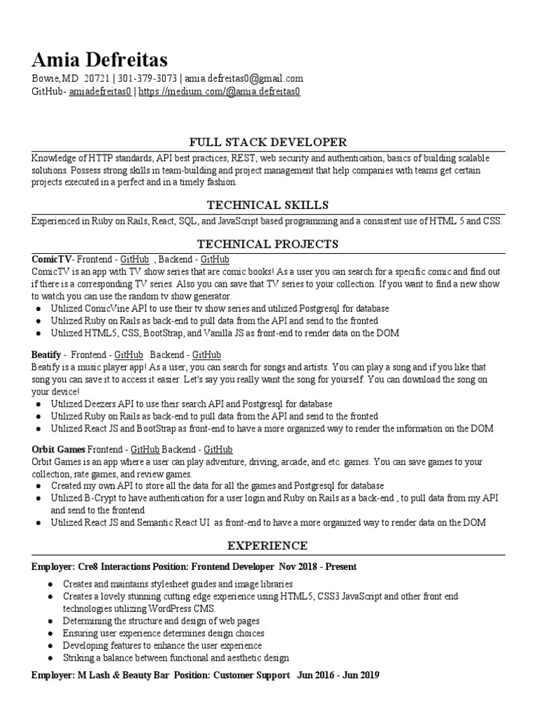 Full Stack Developer Resume - Amia Defreitas | PDF | Ruby On Rails ...