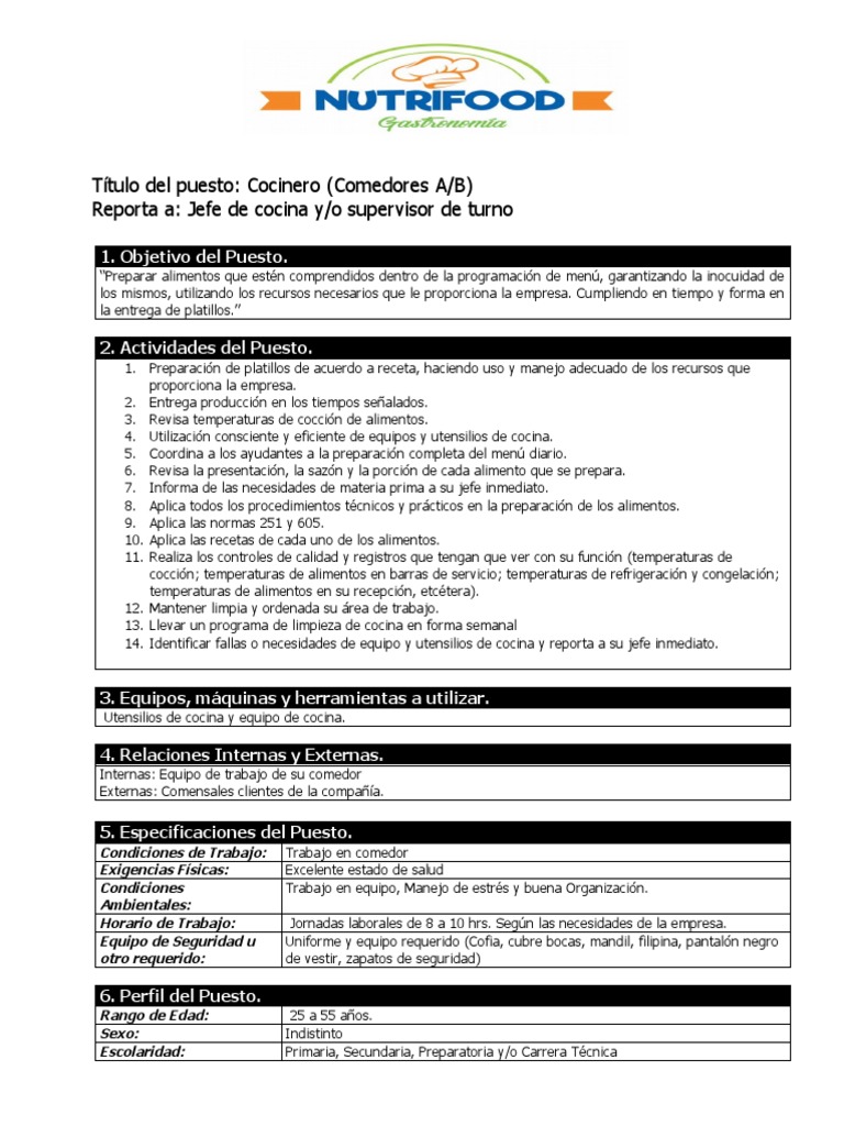 Descripción del Puesto: Cocinero | PDF | Cocina | Alimentos