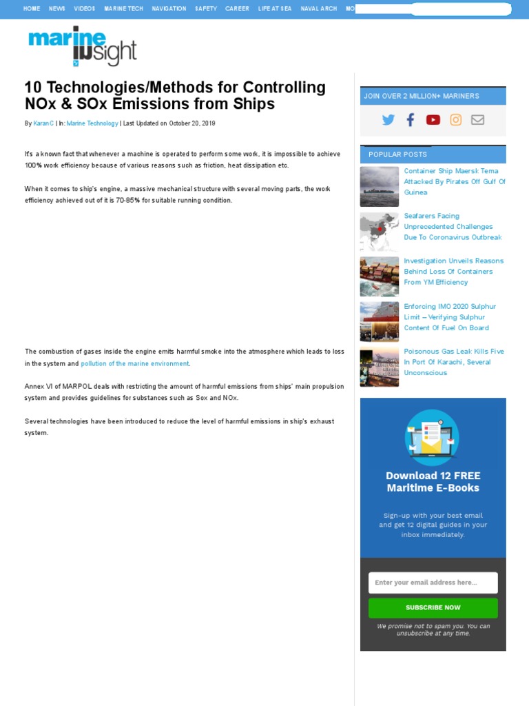 10 Technologies Methods For Controlling NOx & SOx Emissions From Ships PDF PDF Exhaust Gas