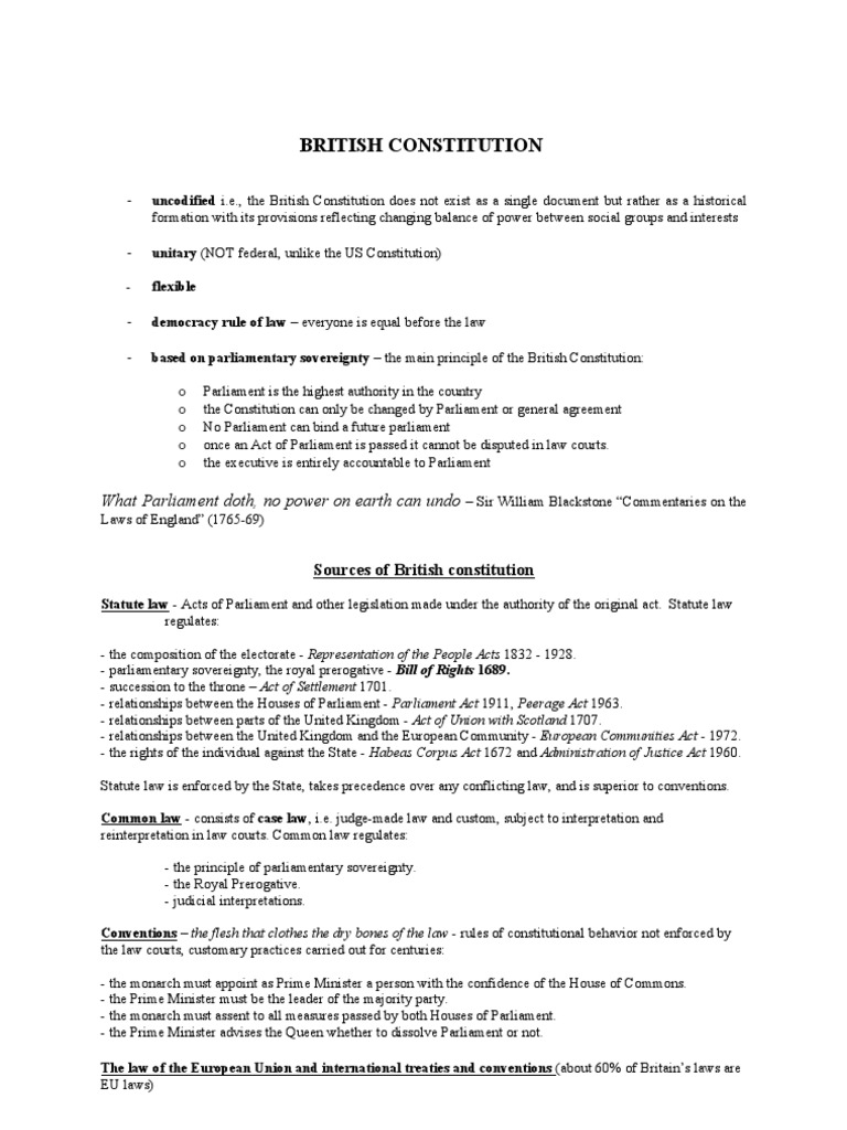 British Constitution HANDOUT PDF Constitution Of The United Kingdom Parliament Of The