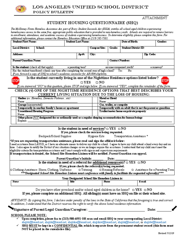 Student Housing Questionnaire (SHQ) ENGLISH Fillable PDF