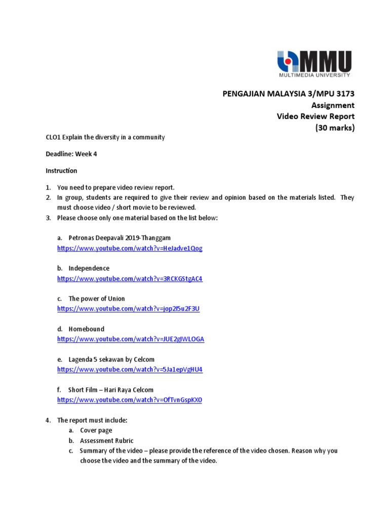 Pengajian Malaysia 3/mpu 3173 Assignment Video Review Report (30 Marks ...