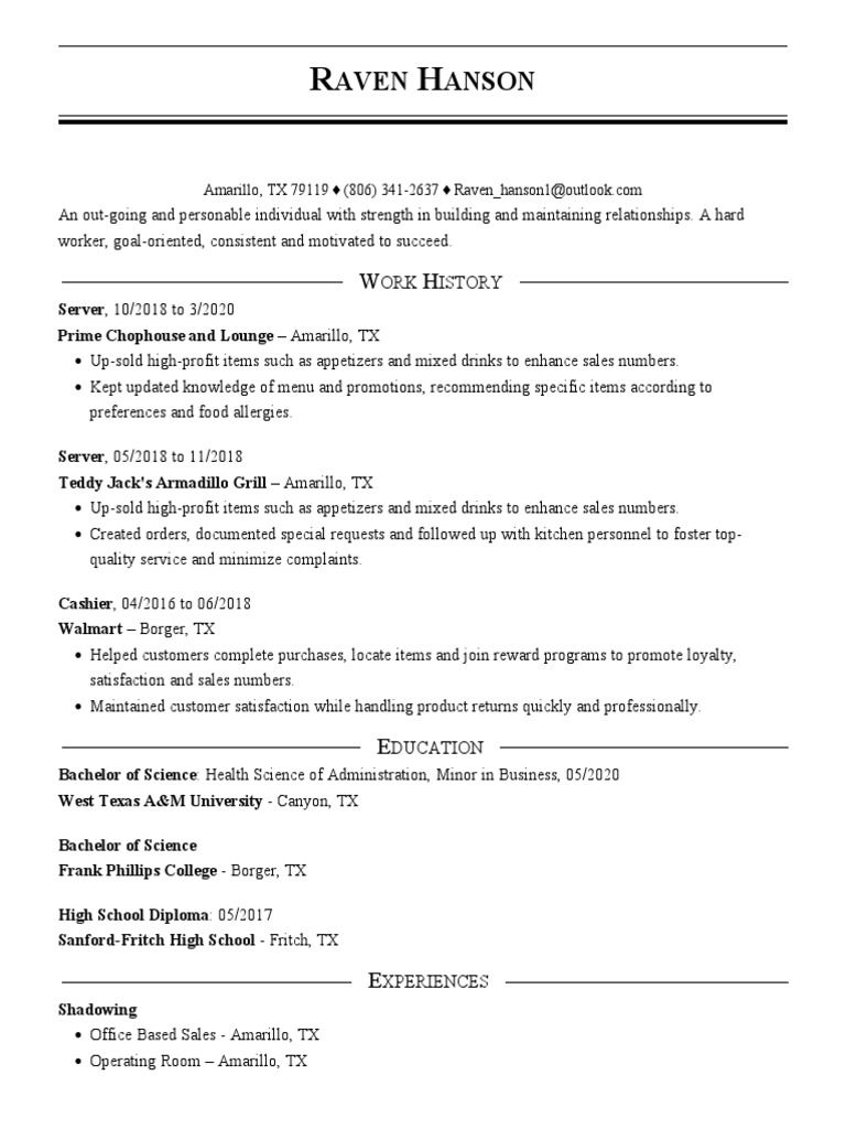Raven Hanson's Work Experience Summary | PDF
