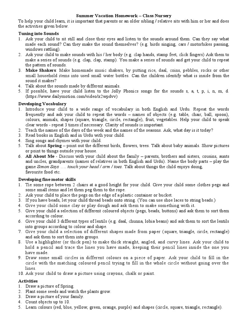 Nursery Summer Vacation Homework Guide | PDF