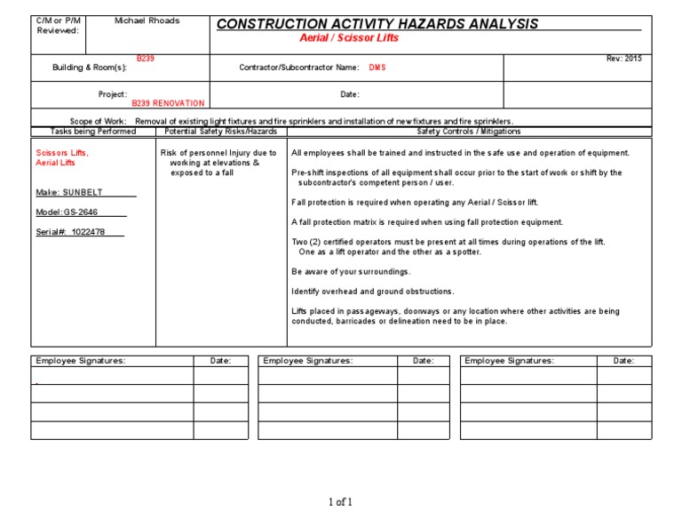 Construction Activity Hazards Analysis Aerial / Scissor Lifts PDF