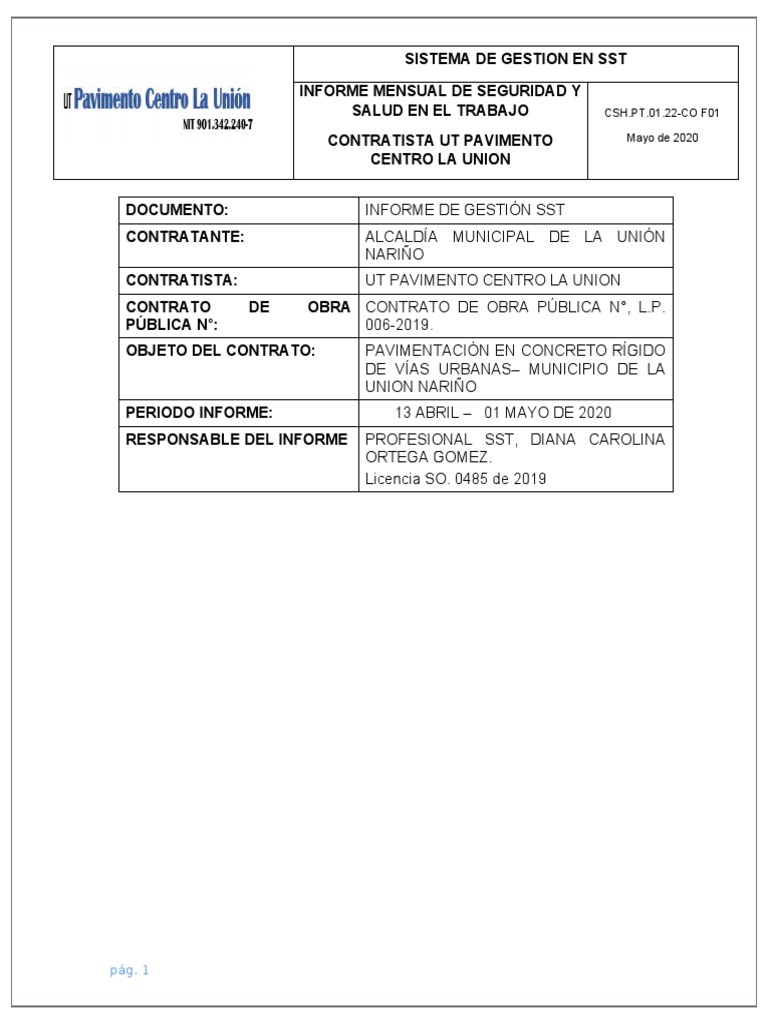 Informe Mensual SST - UT Pavimento | PDF | Seguridad y salud ...