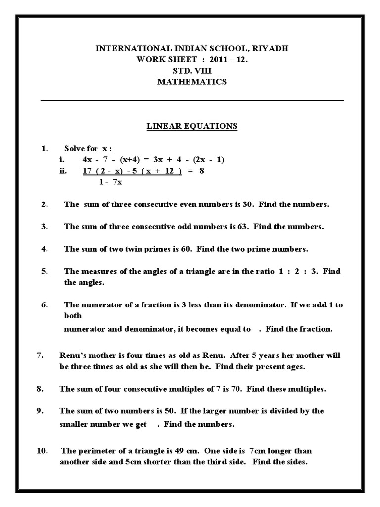 CBSE Class 22 Linear Equations in One Variable Worksheet  PDF Inside Linear Equation Worksheet Pdf