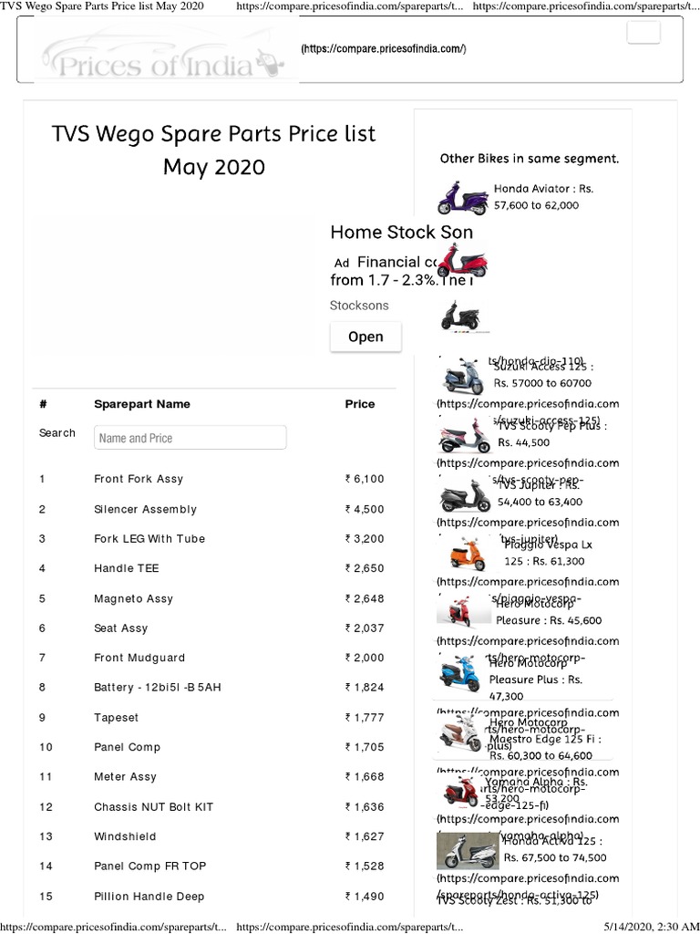 TVS Wego Spare Parts Price List May 2020 PDF Carburetor Clutch