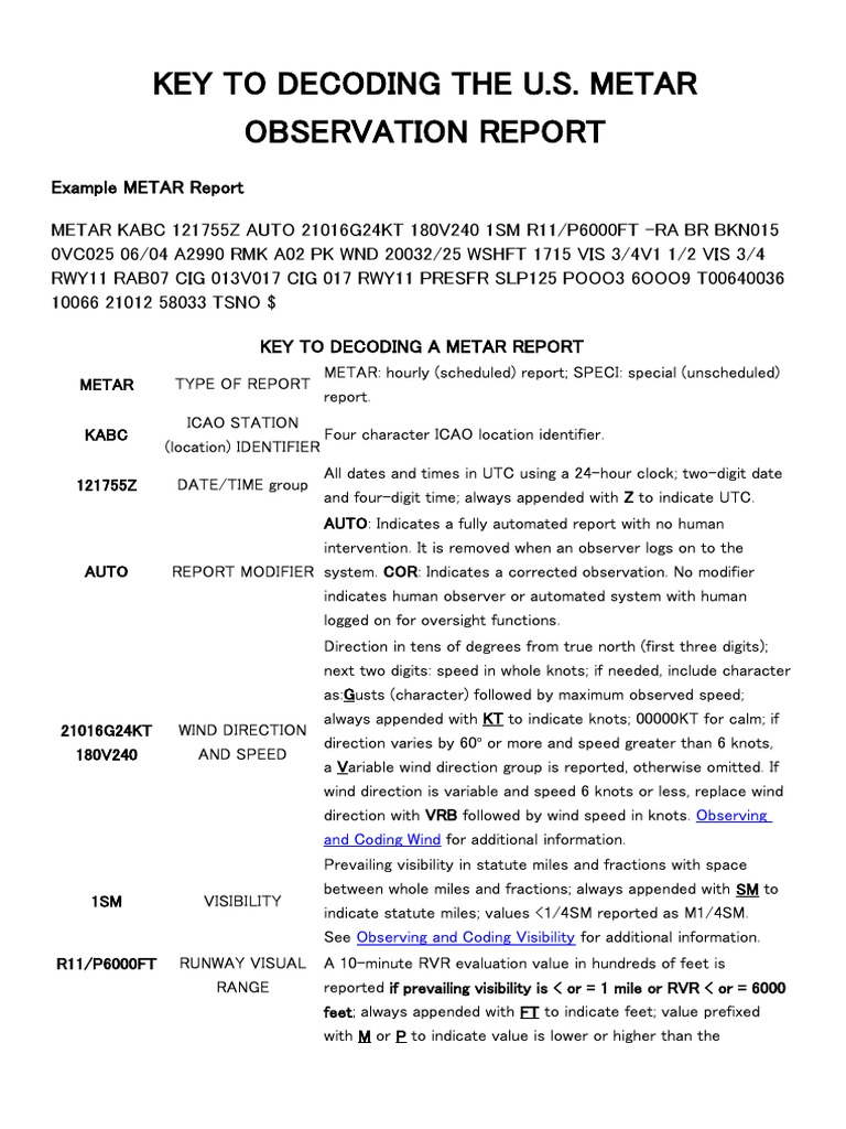 U.S. METAR Report Decoding Guide | PDF | Air Traffic Control | Hail