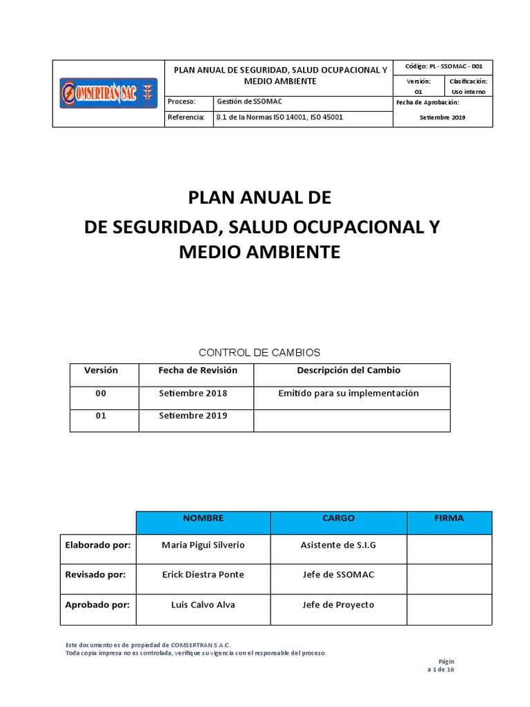 Plan Anual de Seguridad y Salud Ocupacional | PDF | Seguridad y salud ...