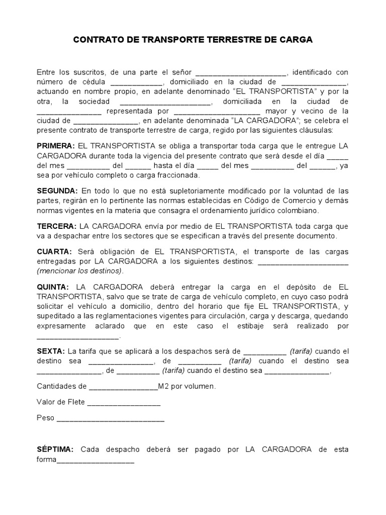 Modelo de Contrato de Transporte (terrestre carga) Gobierno Política