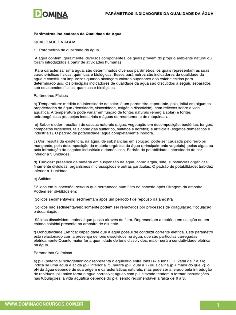 Indicadores da Qualidade da Água | PDF | Qualidade da água | Água