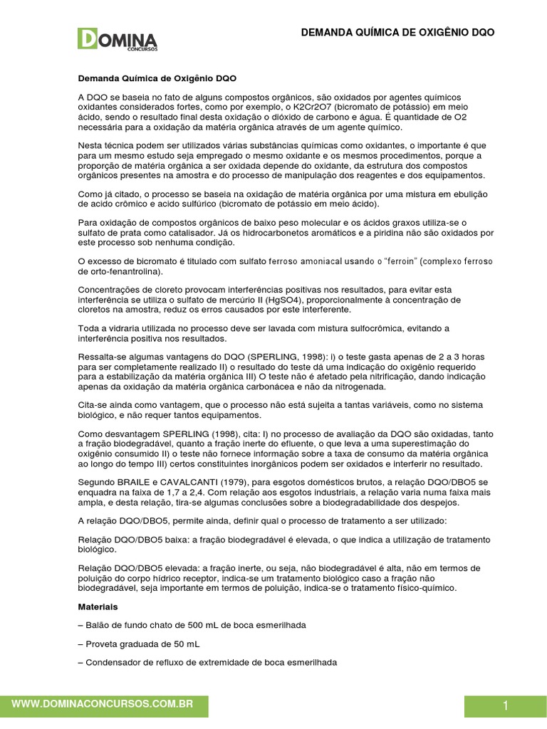 Demanda Química de Oxigênio (DQO) | PDF | Desperdício | Águas residuais
