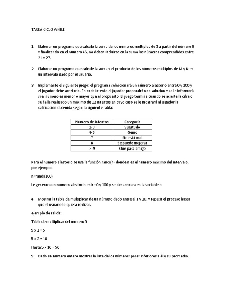Ejercicios de programación con ciclos while | PDF