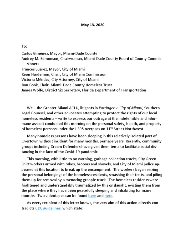 Letter To Officials Over Homeless Encampment Sweep PDF Homelessness