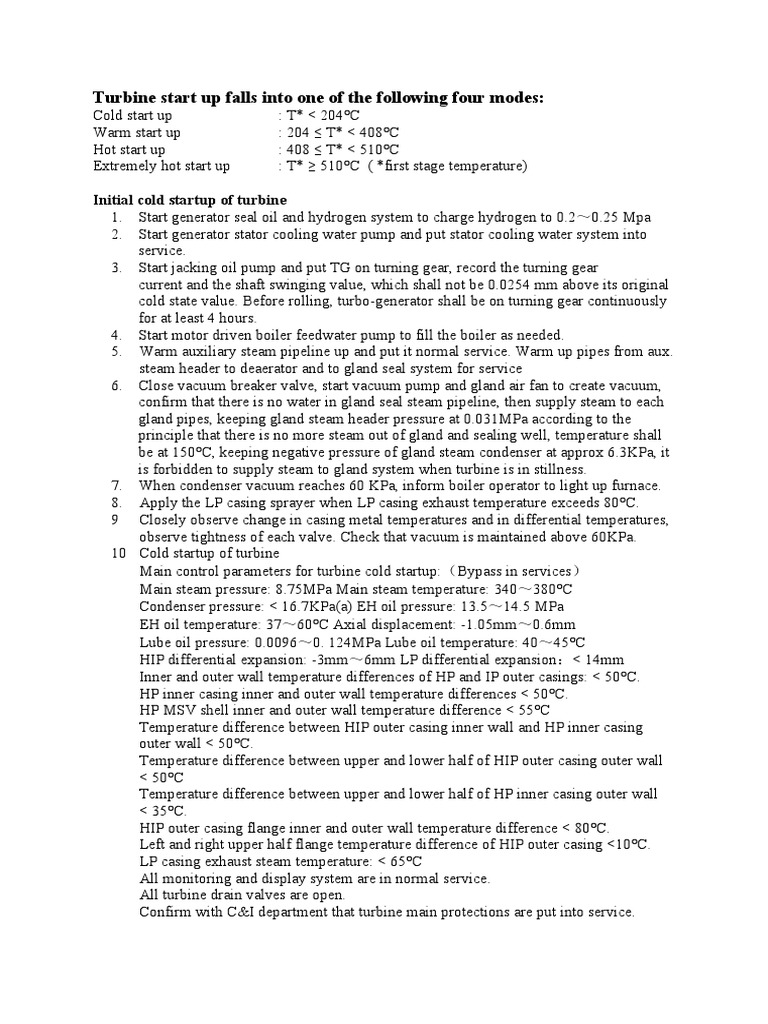 Turbine Startup Modes and Initial Cold Startup Procedure PDF Valve