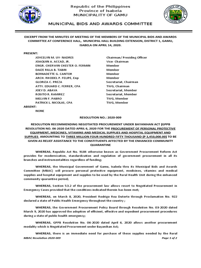 Bac Reso 2020009 Emergency Purchase of Medicines and Ppe