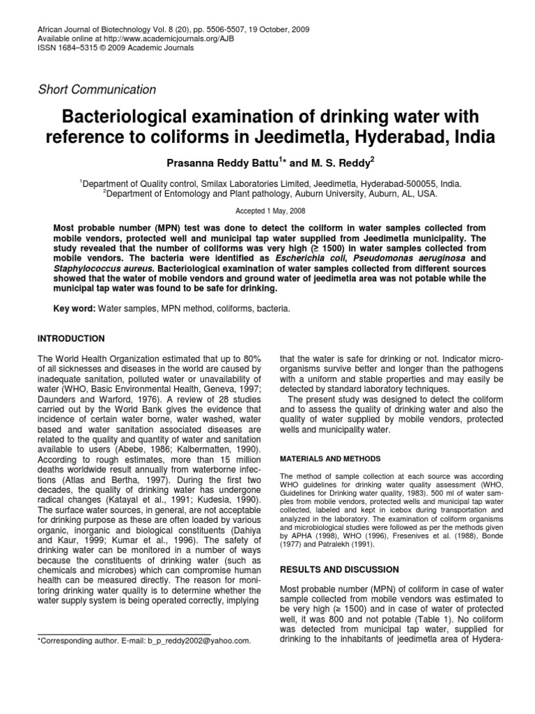 Bacteriological Examination of Drinking Water, Hyderabad PDF