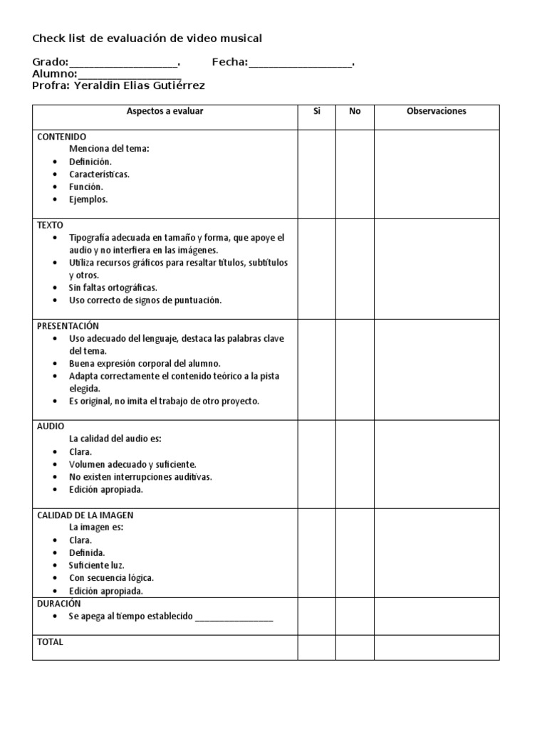 Check List para Video Musical | PDF | Crecimiento personal y ...