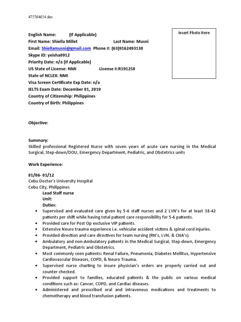 Step-Down Nurse Resume for Shiella Musni | PDF | Nursing | Hospital