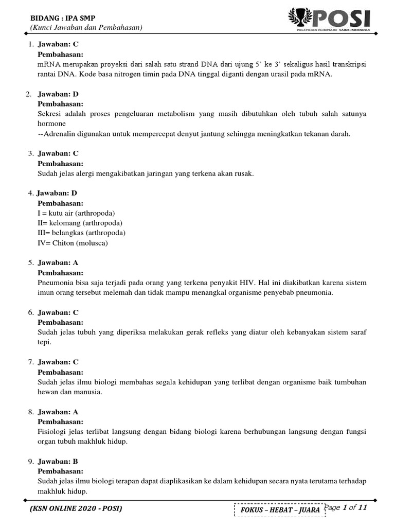 Kunci Jawaban Dan Pembahasan Soal Ipa Smp Ksn Online Pdf