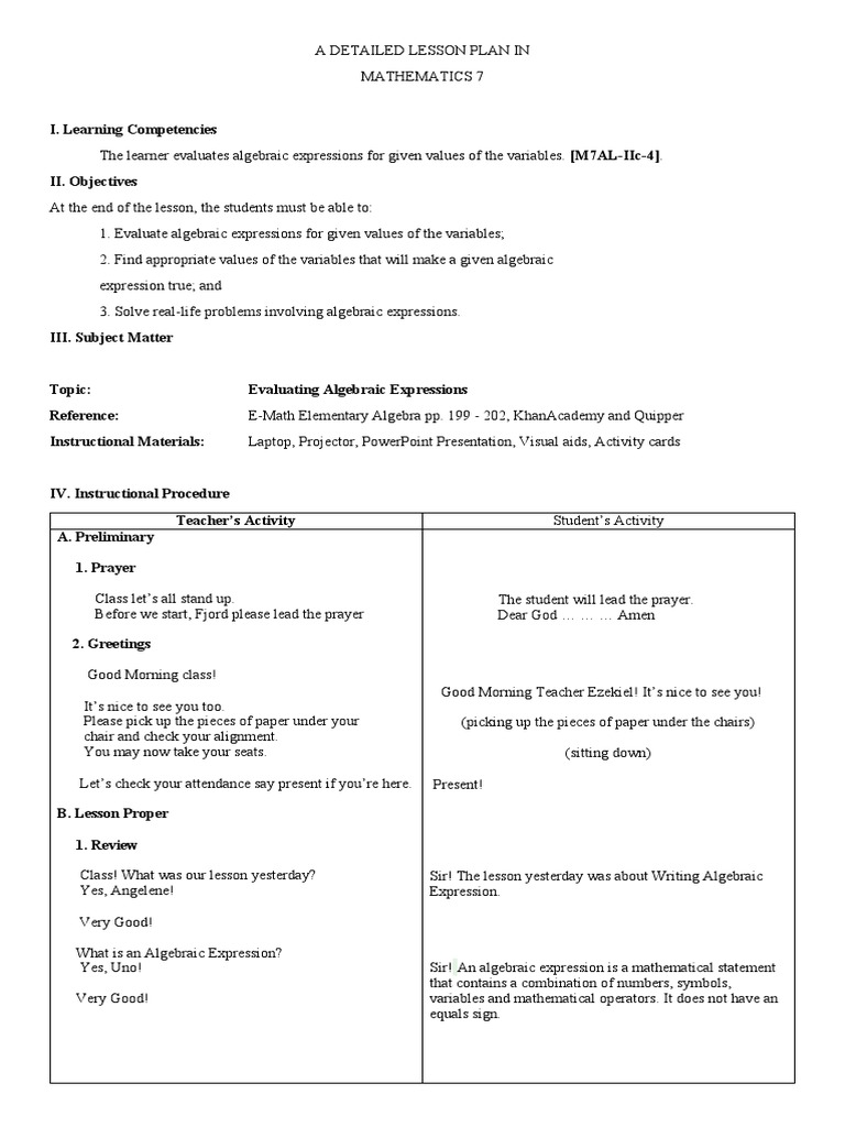 A DETAILED LESSON PLAN IN Algebraic Expression  PDF  Variable With Evaluating Algebraic Expressions Worksheet Pdf