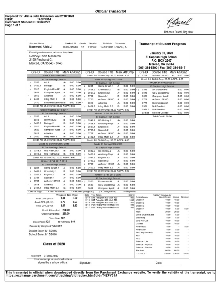 El Capitan High School Transcript | PDF | Sat | Evaluation Methods