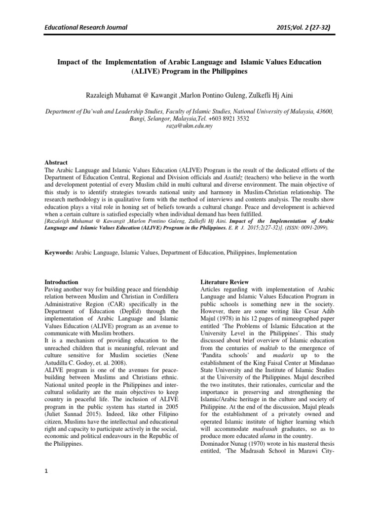 Impact of The Implementation of Arabic Language and Islamic Values ...