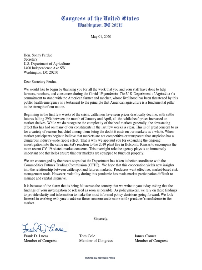 Congressional Letter To Ag Sec Perdue, 5/1/2020 | PDF | United States ...