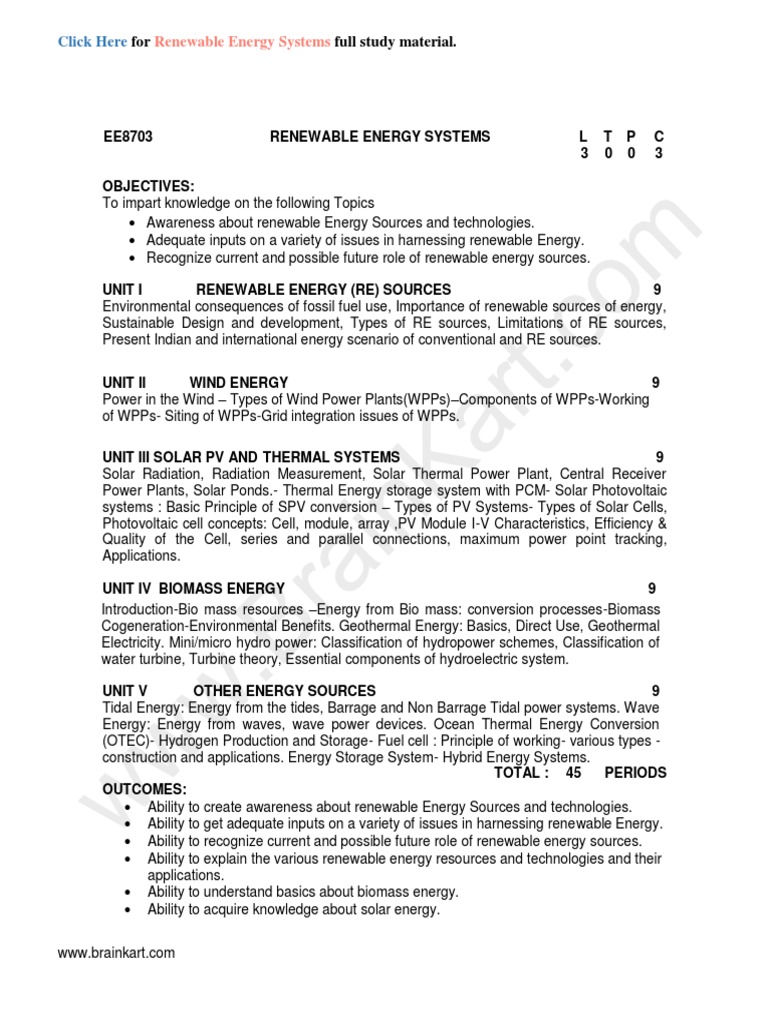 354 - EE8703 Renewable Energy Systems - Anna University 2017 Regulation  Syllabus PDF | PDF | Renewable Energy | Energy Development