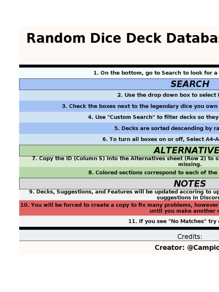 Random Dice Deck Database PDF Leisure Sports