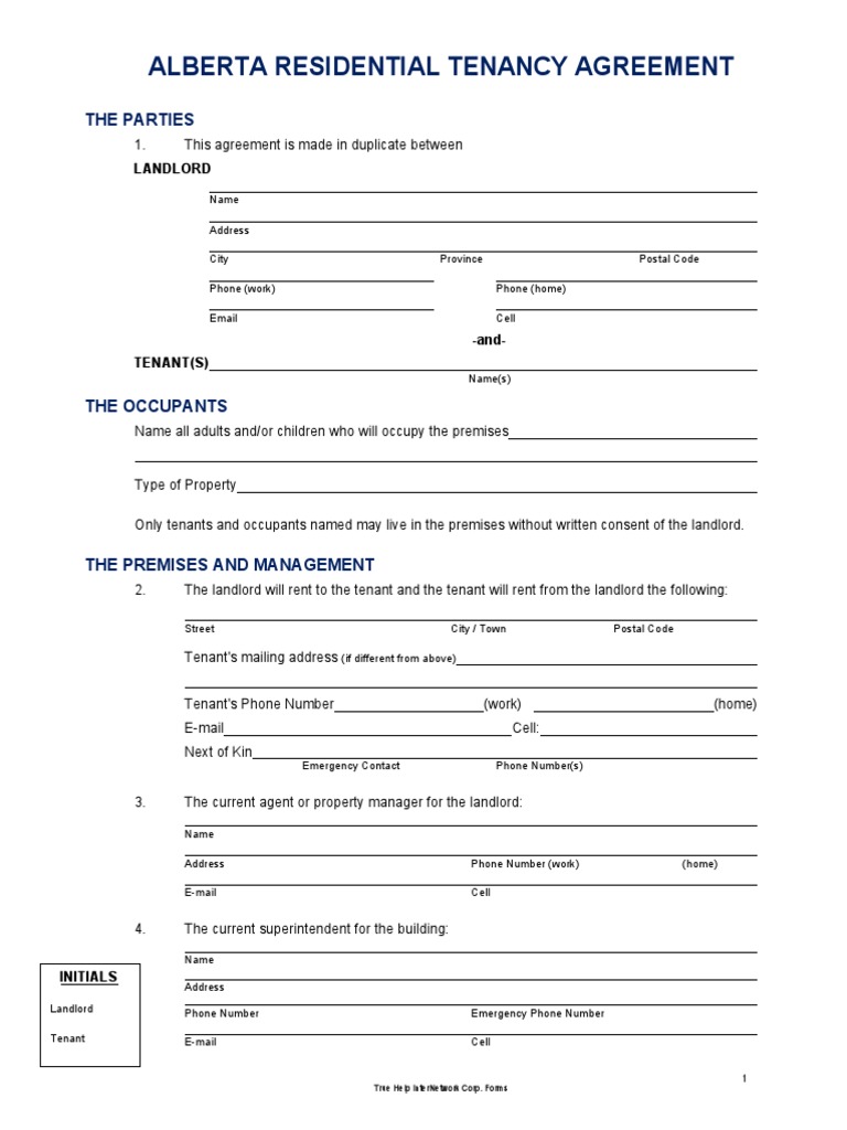 Alberta Residential Tenancy Agreement The Parties PDF Leasehold