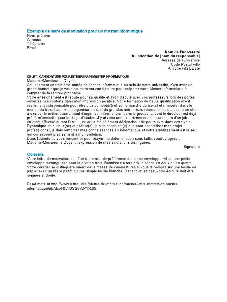 Lettre de motivation Master Informatique | PDF | Informatique