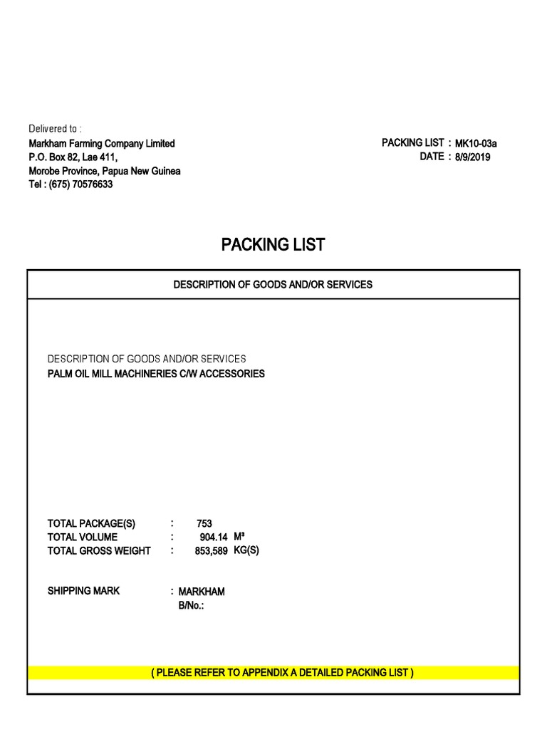 Packing List for Markham Farming Co. | PDF | Pressure Measurement | Screw