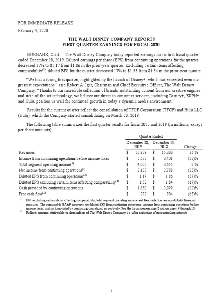 Disney Q1Fy20Earnings PDF Free Cash Flow Equity (Finance)
